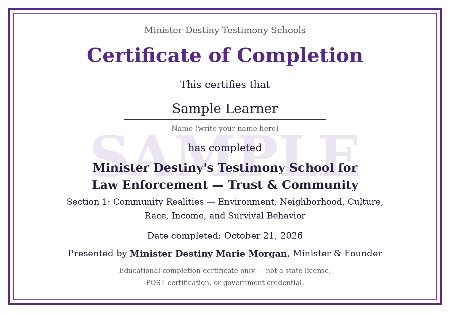 Sample Certificate of Completion — Minister Destiny Testimony Schools — Law Enforcement, with a SAMPLE watermark